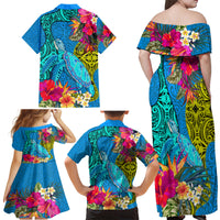 Polynesian Family Matching Off Shoulder Maxi Dress and Hawaiian Shirt The Turtle Jung Flower with Maori Pattern Ethnic Style LT03 - Polynesian Pride