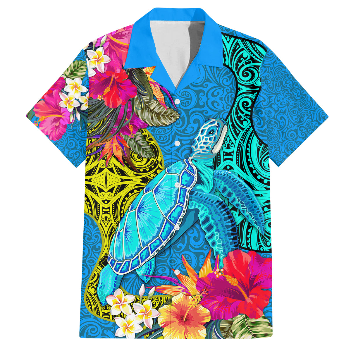 Polynesian Family Matching Off Shoulder Maxi Dress and Hawaiian Shirt The Turtle Jung Flower with Maori Pattern Ethnic Style LT03 Dad's Shirt - Short Sleeve Blue - Polynesian Pride