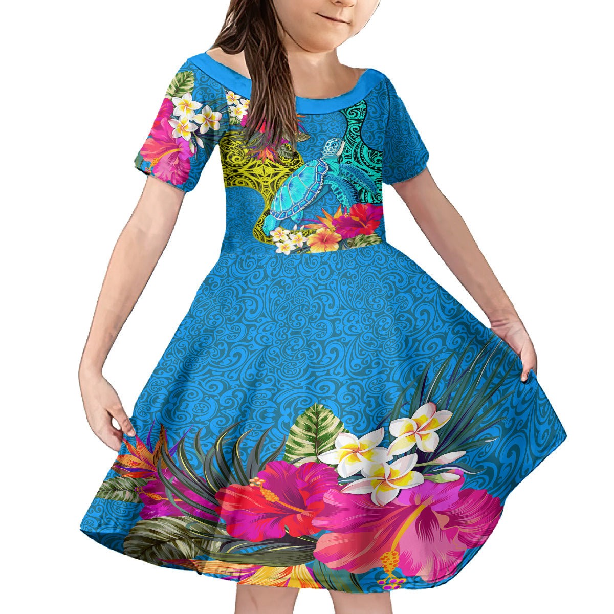 Polynesian Family Matching Tank Maxi Dress and Hawaiian Shirt The Turtle Jung Flower with Maori Pattern Ethnic Style LT03 Daughter's Dress Blue - Polynesian Pride