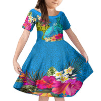 Polynesian Family Matching Tank Maxi Dress and Hawaiian Shirt The Turtle Jung Flower with Maori Pattern Ethnic Style LT03 Daughter's Dress Blue - Polynesian Pride