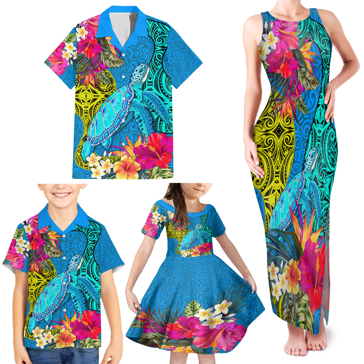Polynesian Family Matching Tank Maxi Dress and Hawaiian Shirt The Turtle Jung Flower with Maori Pattern Ethnic Style LT03 - Polynesian Pride