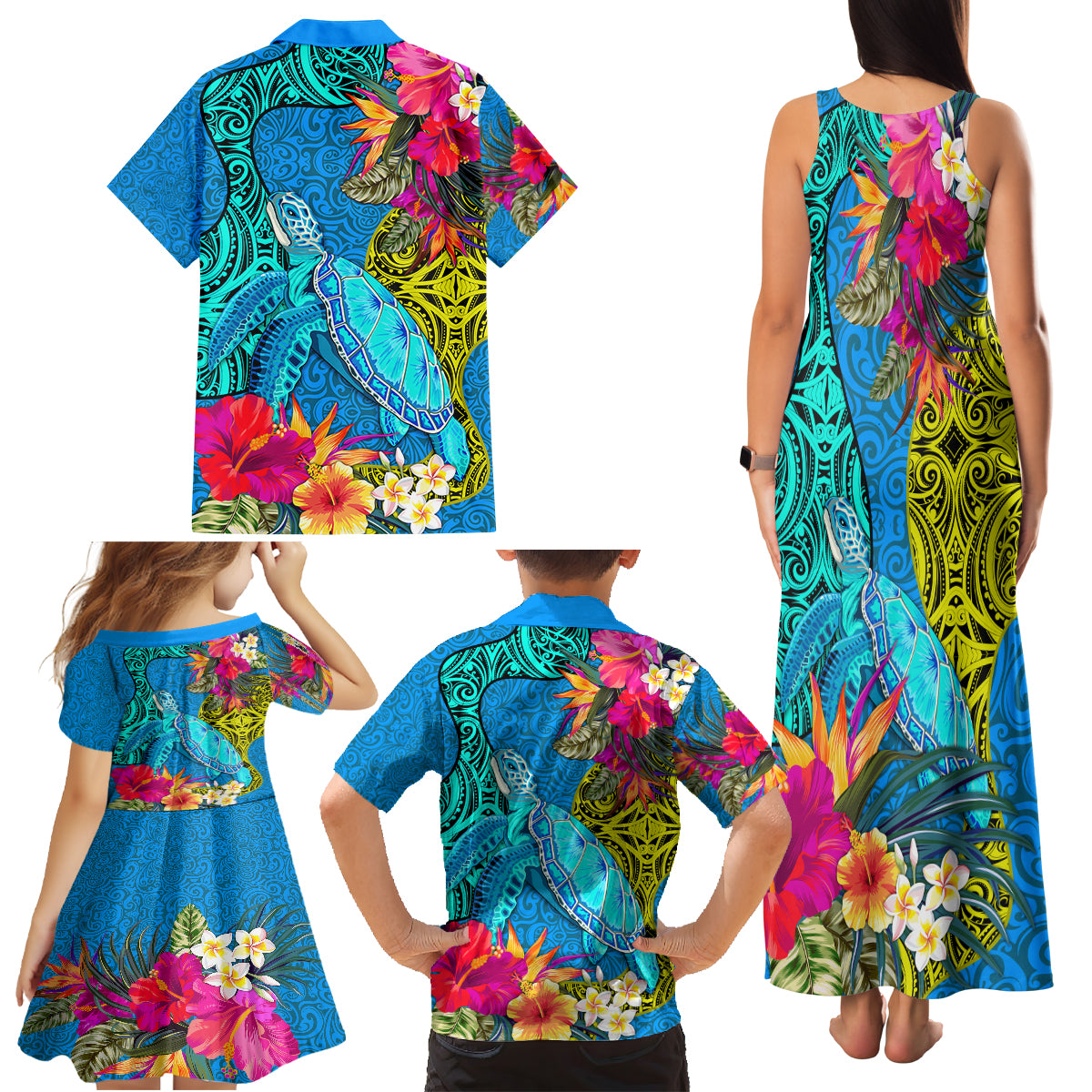 Polynesian Family Matching Tank Maxi Dress and Hawaiian Shirt The Turtle Jung Flower with Maori Pattern Ethnic Style LT03 - Polynesian Pride