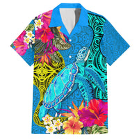 Polynesian Family Matching Tank Maxi Dress and Hawaiian Shirt The Turtle Jung Flower with Maori Pattern Ethnic Style LT03 Dad's Shirt - Short Sleeve Blue - Polynesian Pride