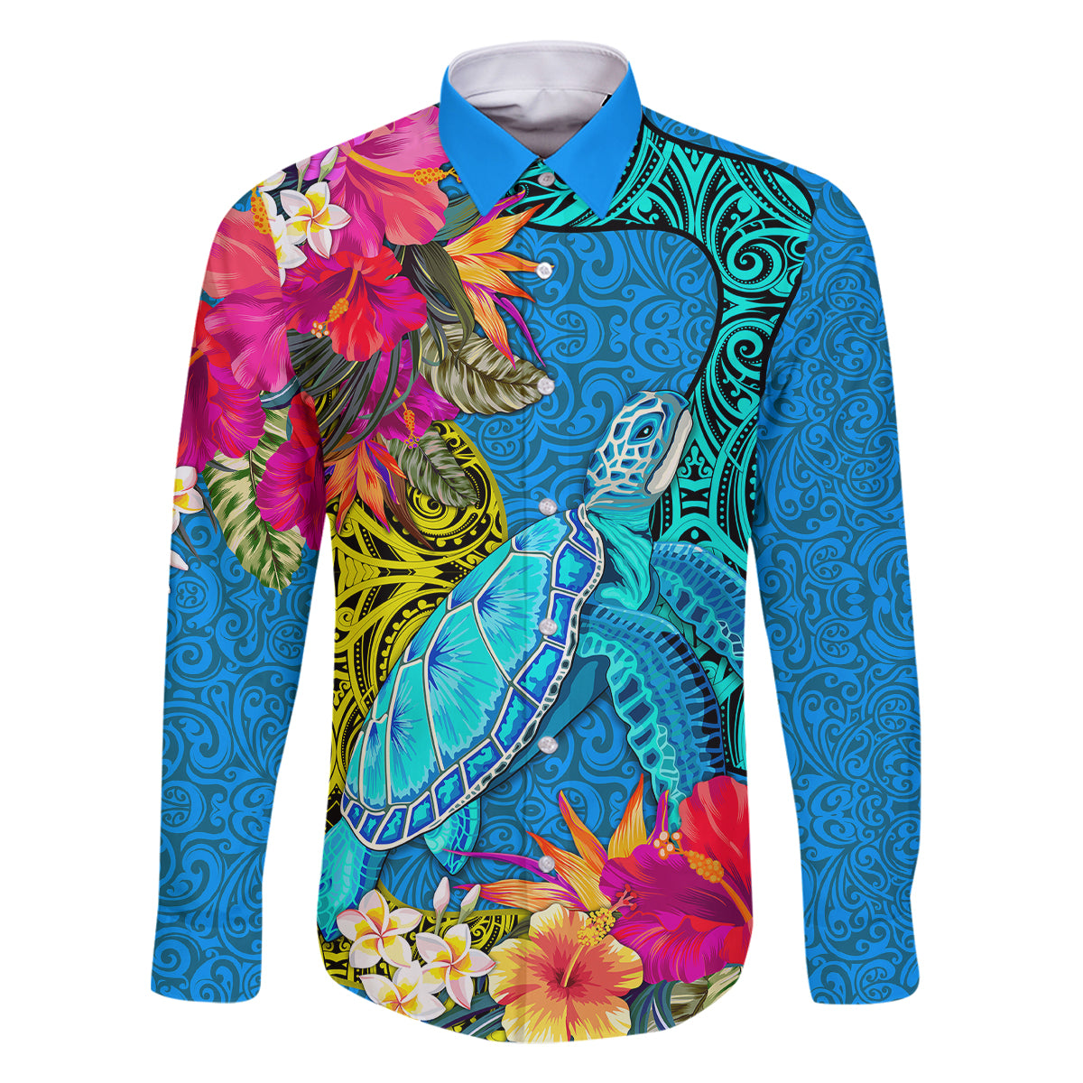 Polynesian Family Matching Tank Maxi Dress and Hawaiian Shirt The Turtle Jung Flower with Maori Pattern Ethnic Style LT03 Dad's Shirt - Long Sleeve Blue - Polynesian Pride