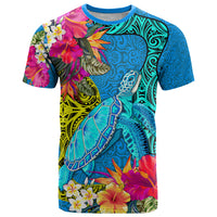 Polynesian T Shirt The Turtle Jung Flower with Maori Pattern Ethnic Style LT03 Blue - Polynesian Pride