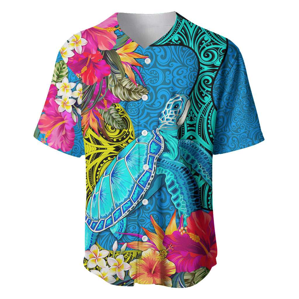 Custom Polynesian Baseball Jersey The Turtle Jung Flower with Maori Pattern Ethnic Style LT03 Blue - Polynesian Pride