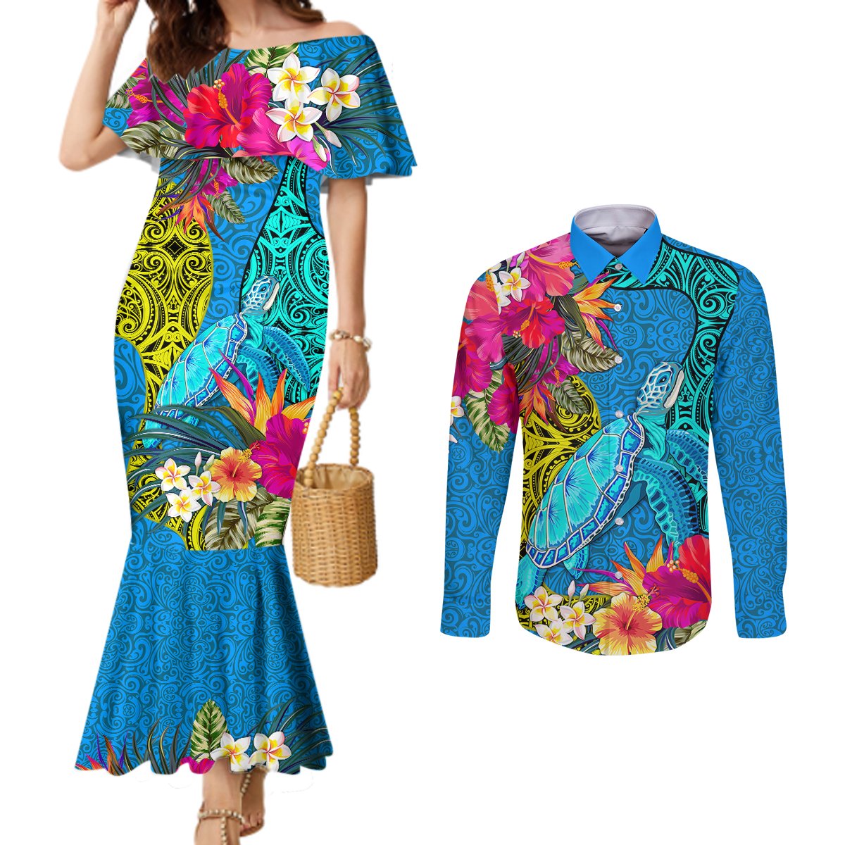 Custom Polynesian Couples Matching Mermaid Dress and Long Sleeve Button Shirts The Turtle Jung Flower with Maori Pattern Ethnic Style LT03 Blue - Polynesian Pride