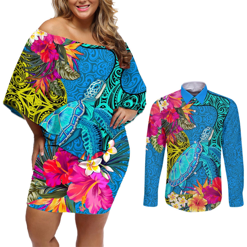 custom-polynesian-couples-matching-off-shoulder-short-dress-and-long-sleeve-button-shirts-the-turtle-jung-flower-with-maori-pattern-ethnic-style