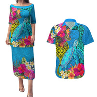 Custom Polynesian Couples Matching Puletasi Dress and Hawaiian Shirt The Turtle Jung Flower with Maori Pattern Ethnic Style LT03 Blue - Polynesian Pride