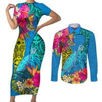 custom-polynesian-couples-matching-short-sleeve-bodycon-dress-and-long-sleeve-button-shirts-the-turtle-jung-flower-with-maori-pattern-ethnic-style