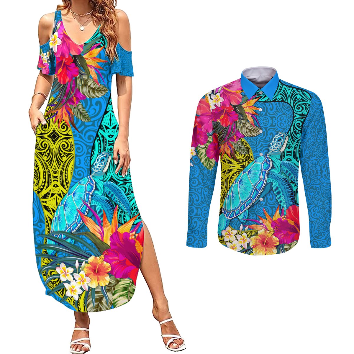 Custom Polynesian Couples Matching Summer Maxi Dress and Long Sleeve Button Shirts The Turtle Jung Flower with Maori Pattern Ethnic Style LT03 Blue - Polynesian Pride