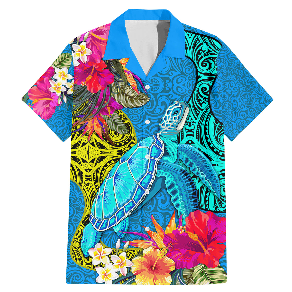Custom Polynesian Family Matching Mermaid Dress and Hawaiian Shirt The Turtle Jung Flower with Maori Pattern Ethnic Style LT03 Dad's Shirt - Short Sleeve Blue - Polynesian Pride