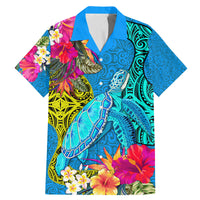 Custom Polynesian Family Matching Mermaid Dress and Hawaiian Shirt The Turtle Jung Flower with Maori Pattern Ethnic Style LT03 Dad's Shirt - Short Sleeve Blue - Polynesian Pride