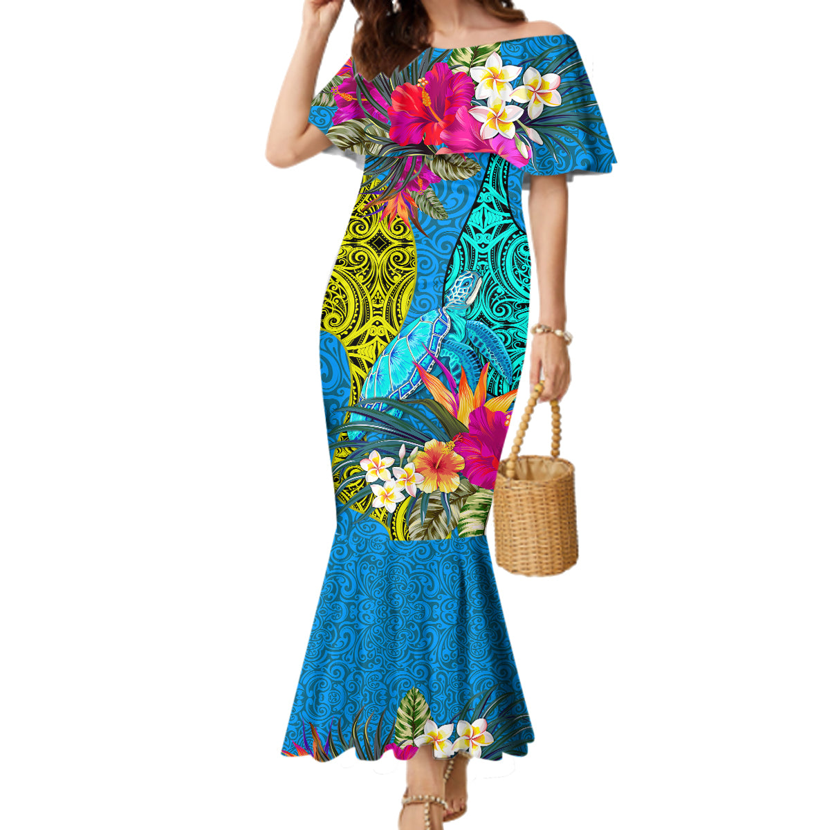 Custom Polynesian Family Matching Mermaid Dress and Hawaiian Shirt The Turtle Jung Flower with Maori Pattern Ethnic Style LT03 Mom's Dress Blue - Polynesian Pride