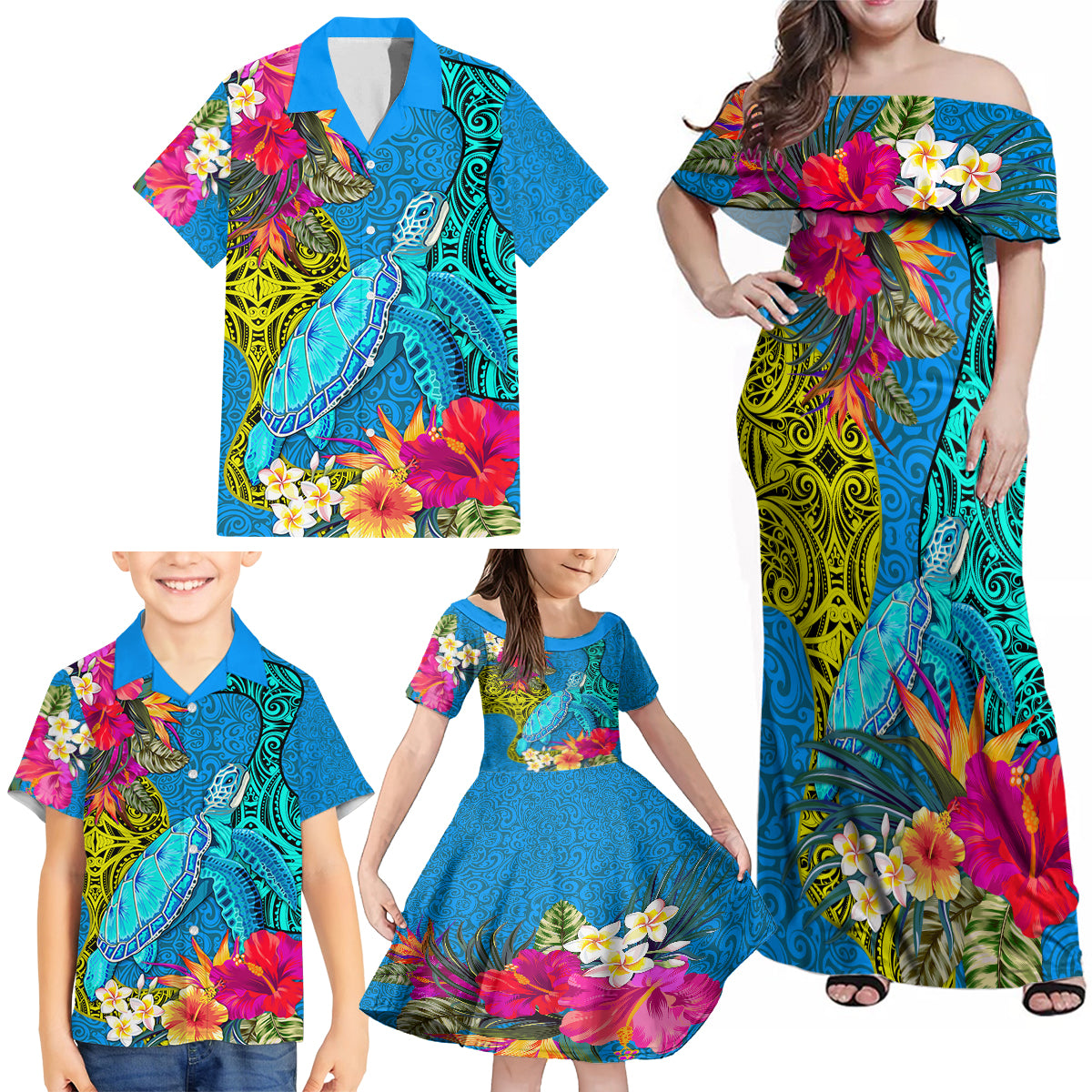 custom-polynesian-family-matching-off-shoulder-maxi-dress-and-hawaiian-shirt-the-turtle-jung-flower-with-maori-pattern-ethnic-style