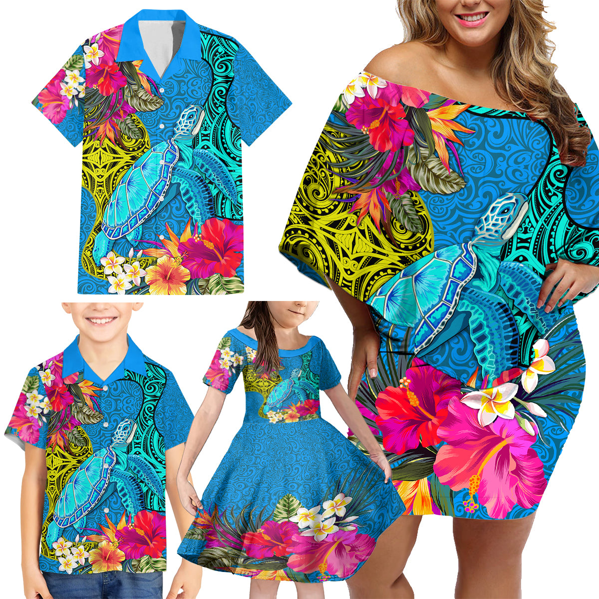 custom-polynesian-family-matching-off-shoulder-short-dress-and-hawaiian-shirt-the-turtle-jung-flower-with-maori-pattern-ethnic-style