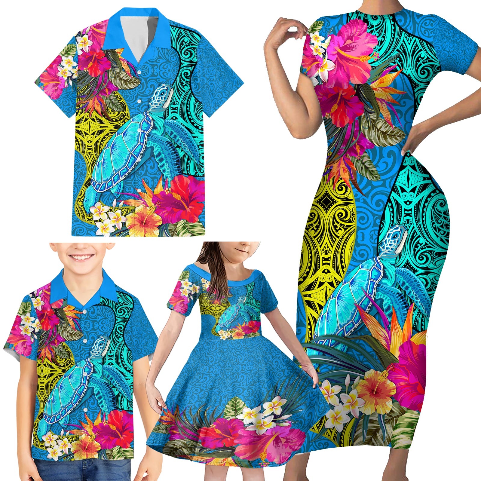 Custom Polynesian Family Matching Short Sleeve Bodycon Dress and Hawaiian Shirt The Turtle Jung Flower with Maori Pattern Ethnic Style LT03 - Polynesian Pride