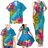 Custom Polynesian Family Matching Tank Maxi Dress and Hawaiian Shirt The Turtle Jung Flower with Maori Pattern Ethnic Style LT03 - Polynesian Pride