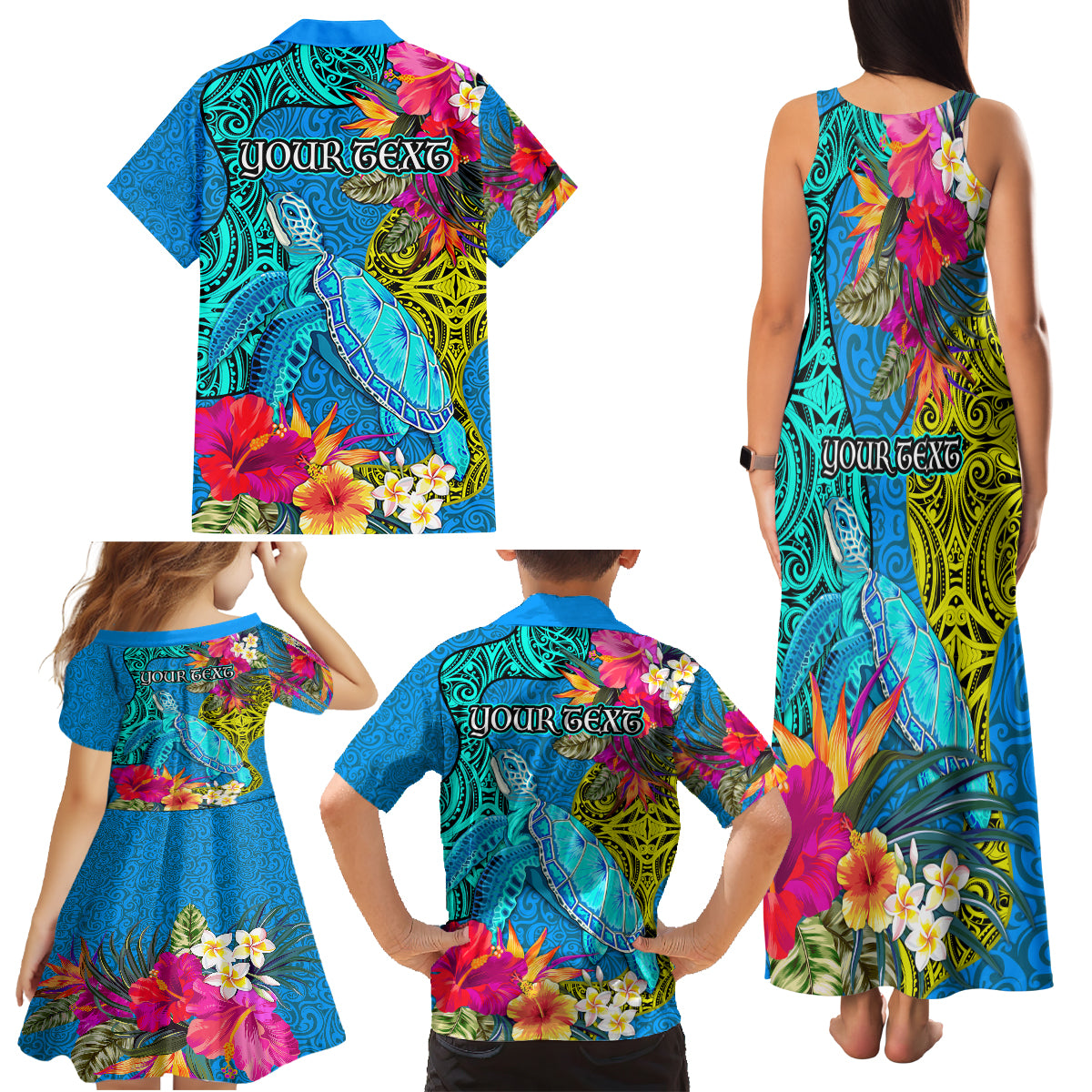 Custom Polynesian Family Matching Tank Maxi Dress and Hawaiian Shirt The Turtle Jung Flower with Maori Pattern Ethnic Style LT03 - Polynesian Pride