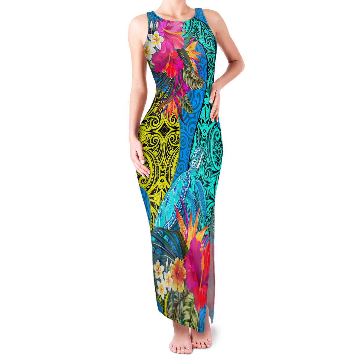 Custom Polynesian Family Matching Tank Maxi Dress and Hawaiian Shirt The Turtle Jung Flower with Maori Pattern Ethnic Style LT03 Mom's Dress Blue - Polynesian Pride