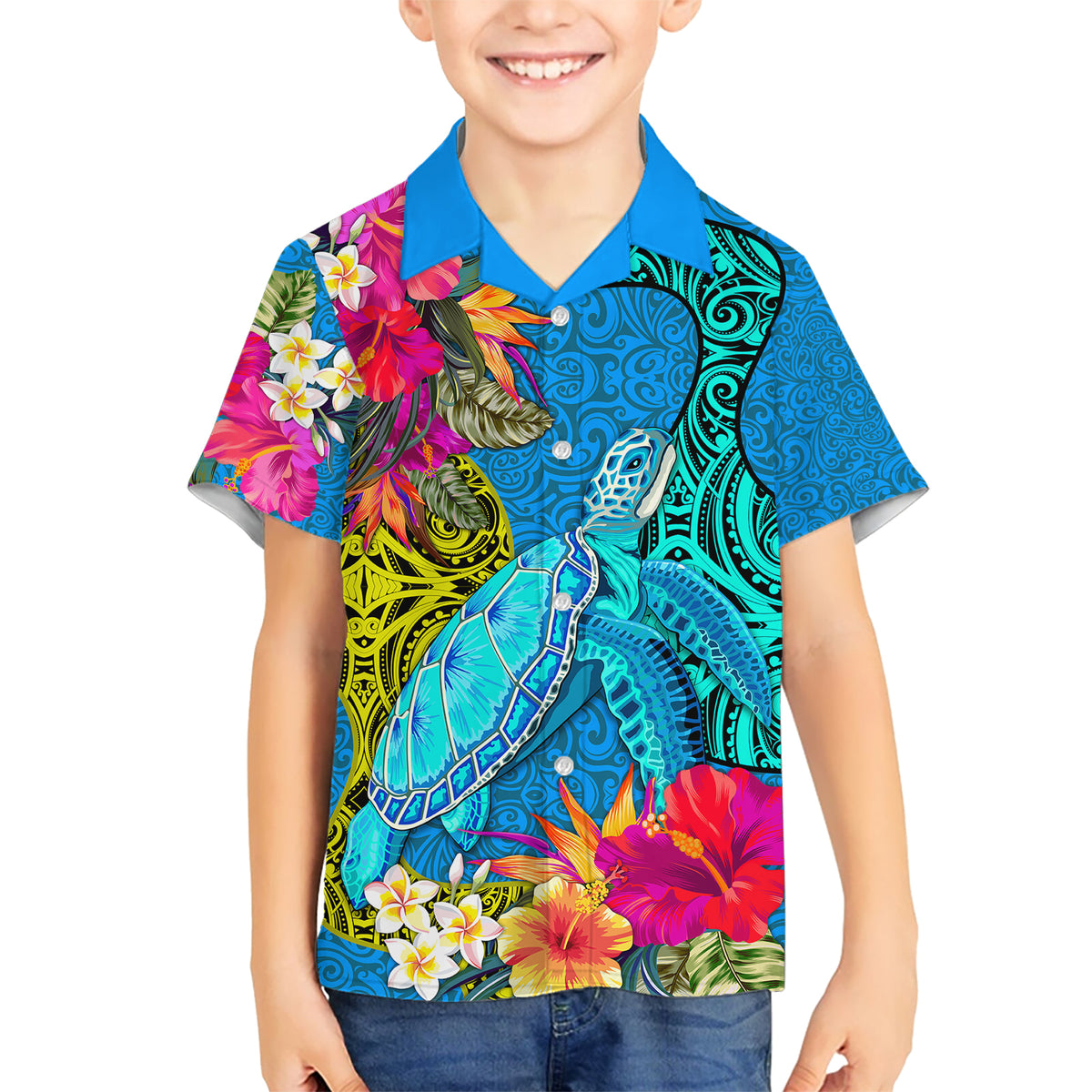 custom-polynesian-kid-hawaiian-shirt-the-turtle-jung-flower-with-maori-pattern-ethnic-style
