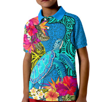 Custom Polynesian Kid Polo Shirt The Turtle Jung Flower with Maori Pattern Ethnic Style LT03 Kid Blue - Polynesian Pride