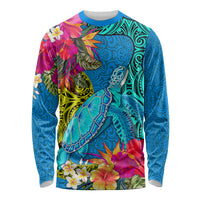 Custom Polynesian Long Sleeve Shirt The Turtle Jung Flower with Maori Pattern Ethnic Style LT03 Unisex Blue - Polynesian Pride