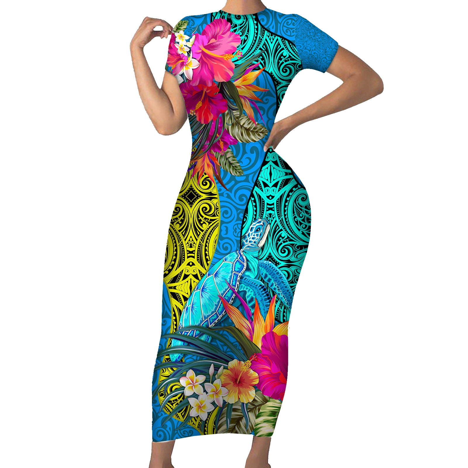 custom-polynesian-short-sleeve-bodycon-dress-the-turtle-jung-flower-with-maori-pattern-ethnic-style