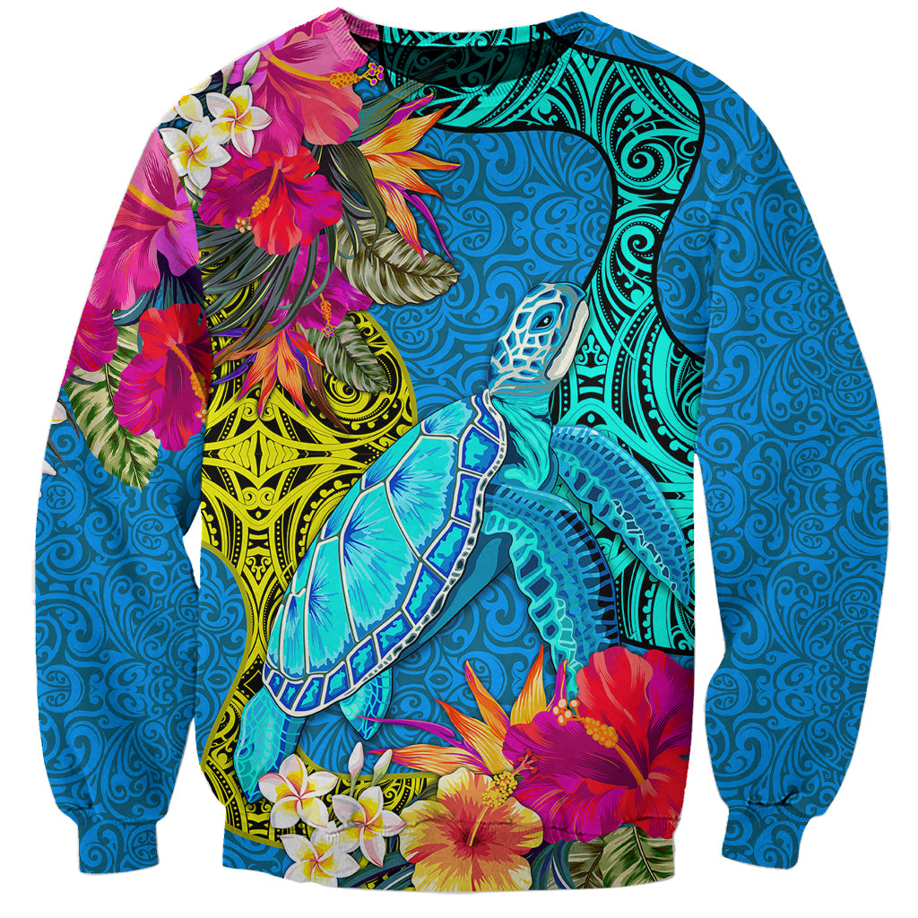 Custom Polynesian Sweatshirt The Turtle Jung Flower with Maori Pattern Ethnic Style LT03 Unisex Blue - Polynesian Pride