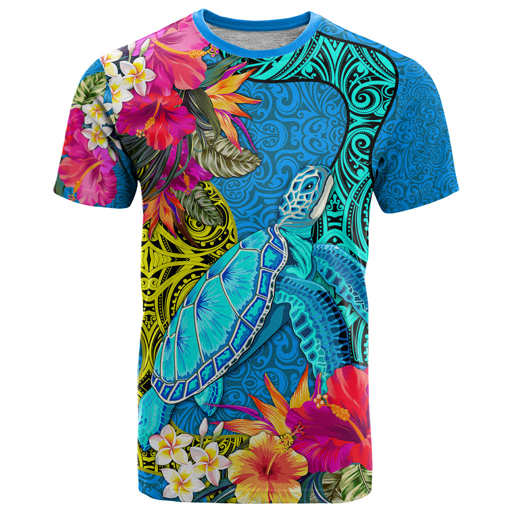 Custom Polynesian T Shirt The Turtle Jung Flower with Maori Pattern Ethnic Style LT03 Blue - Polynesian Pride