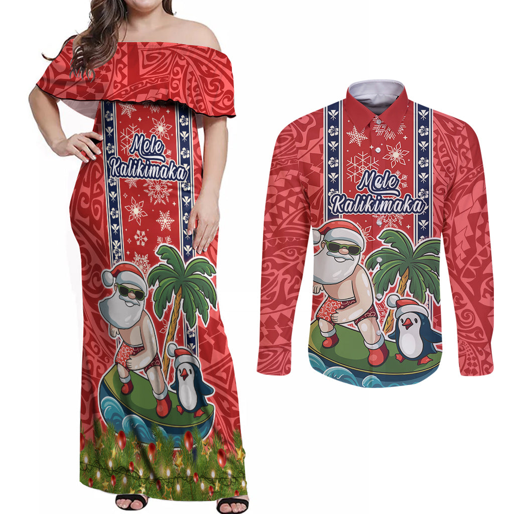 hawaii-christmas-couples-matching-off-shoulder-maxi-dress-and-long-sleeve-button-shirts-the-santa-surfing-hawaii-xmas-style
