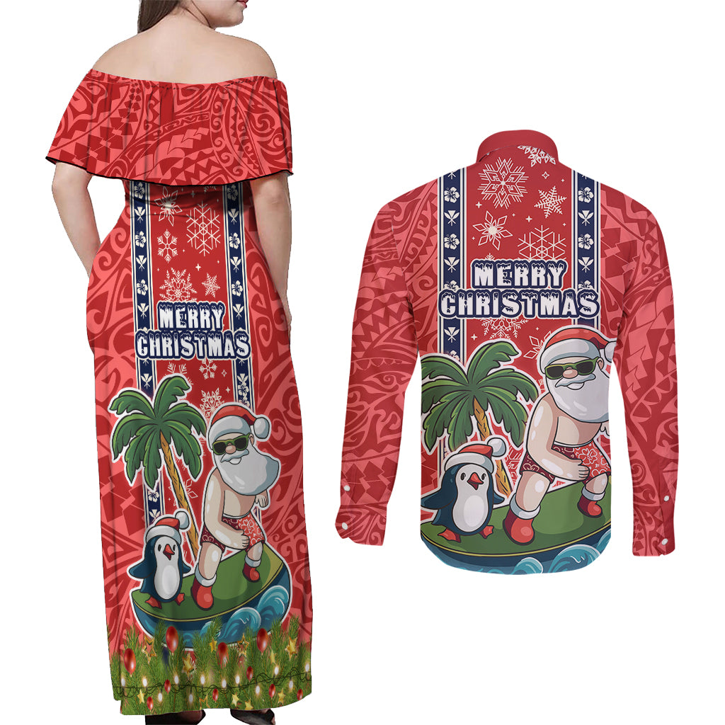 hawaii-christmas-couples-matching-off-shoulder-maxi-dress-and-long-sleeve-button-shirts-the-santa-surfing-hawaii-xmas-style