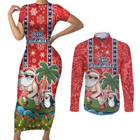 Hawaii Christmas Couples Matching Short Sleeve Bodycon Dress and Long Sleeve Button Shirts The Santa Surfing Hawaii Xmas Style LT03 Red - Polynesian Pride