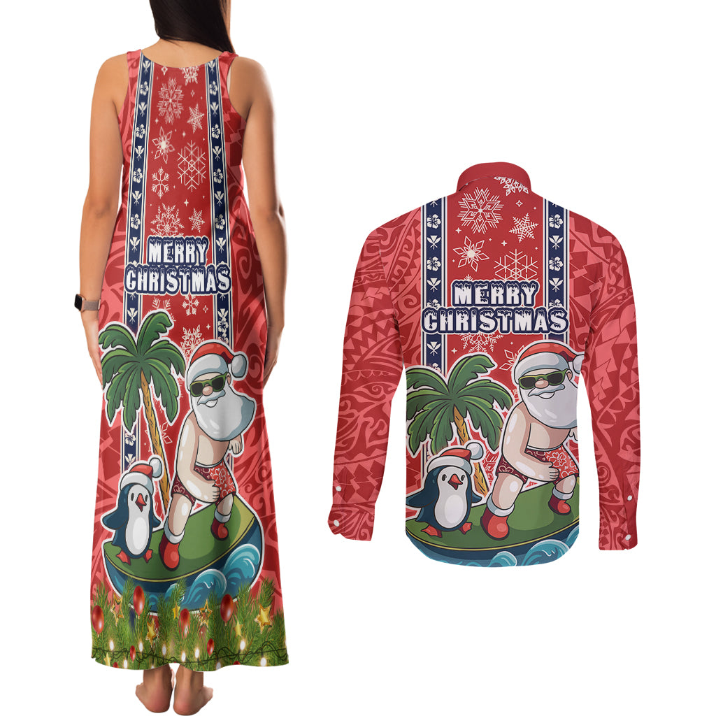 Hawaii Christmas Couples Matching Tank Maxi Dress and Long Sleeve Button Shirts The Santa Surfing Hawaii Xmas Style LT03 - Polynesian Pride