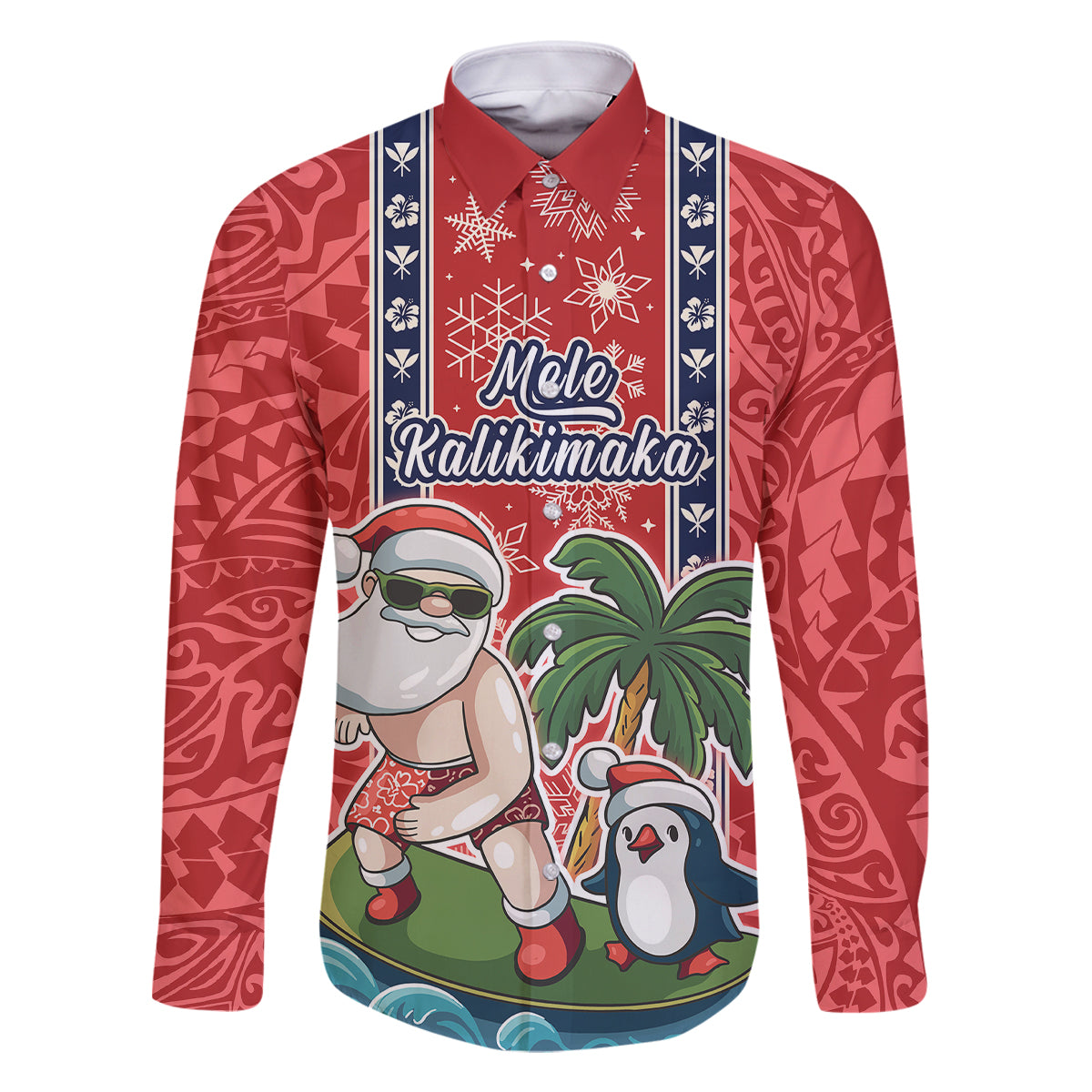 Hawaii Christmas Family Matching Mermaid Dress and Hawaiian Shirt The Santa Surfing Hawaii Xmas Style LT03 Dad's Shirt - Long Sleeve Red - Polynesian Pride