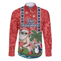 Hawaii Christmas Family Matching Mermaid Dress and Hawaiian Shirt The Santa Surfing Hawaii Xmas Style LT03 Dad's Shirt - Long Sleeve Red - Polynesian Pride