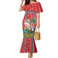 Hawaii Christmas Family Matching Mermaid Dress and Hawaiian Shirt The Santa Surfing Hawaii Xmas Style LT03 Mom's Dress Red - Polynesian Pride