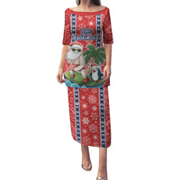 Hawaii Christmas Family Matching Puletasi Dress and Hawaiian Shirt The Santa Surfing Hawaii Xmas Style LT03 Mom's Dress Red - Polynesian Pride
