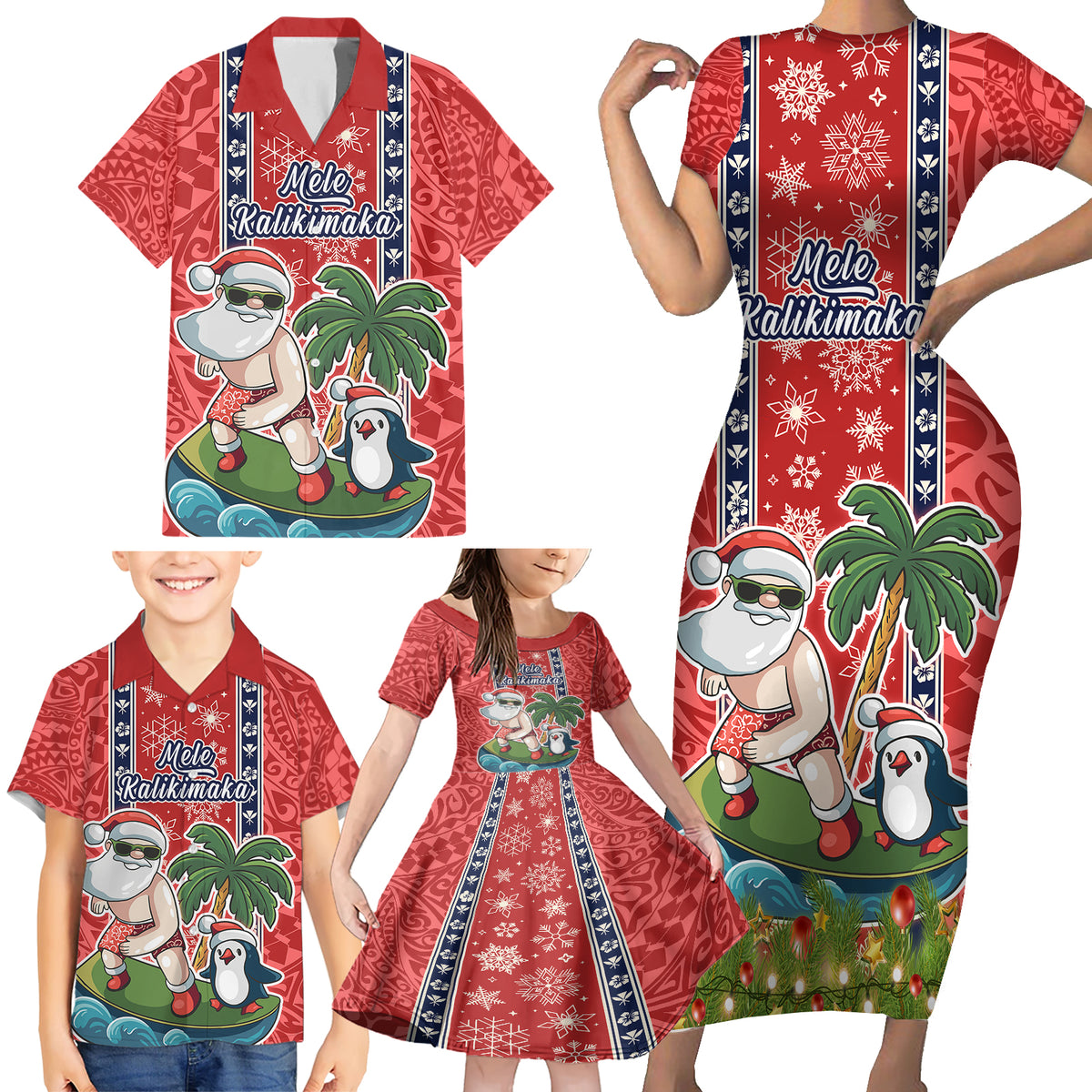Hawaii Christmas Family Matching Short Sleeve Bodycon Dress and Hawaiian Shirt The Santa Surfing Hawaii Xmas Style LT03 - Polynesian Pride