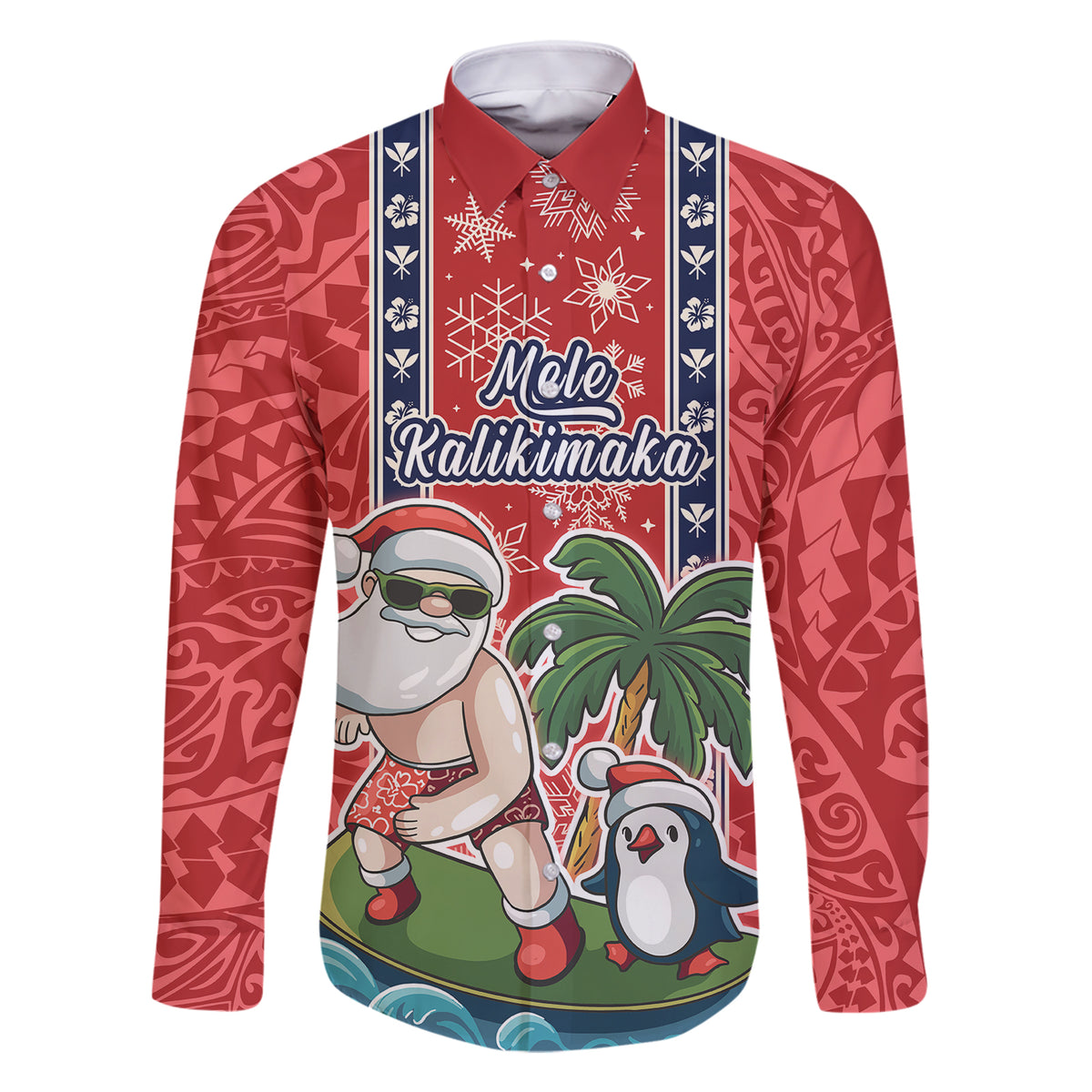 Hawaii Christmas Family Matching Short Sleeve Bodycon Dress and Hawaiian Shirt The Santa Surfing Hawaii Xmas Style LT03 Dad's Shirt - Long Sleeve Red - Polynesian Pride