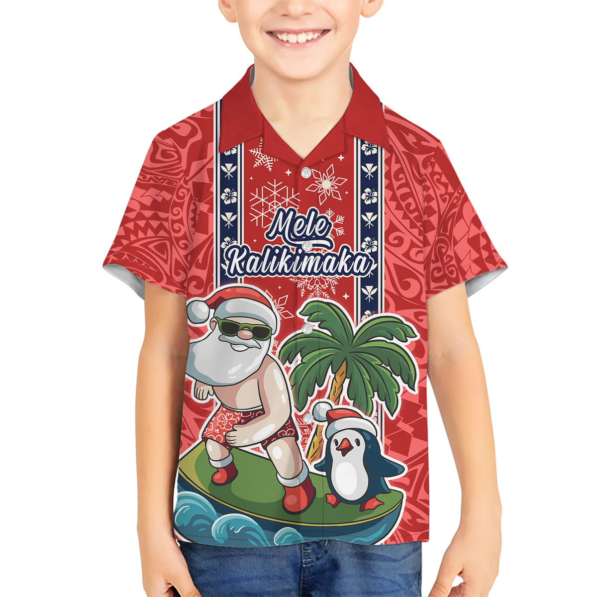 Hawaii Christmas Family Matching Short Sleeve Bodycon Dress and Hawaiian Shirt The Santa Surfing Hawaii Xmas Style LT03 Son's Shirt Red - Polynesian Pride