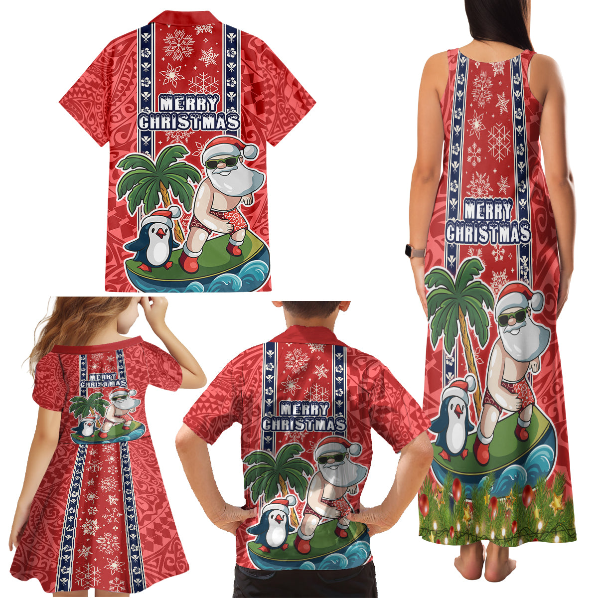 Hawaii Christmas Family Matching Tank Maxi Dress and Hawaiian Shirt The Santa Surfing Hawaii Xmas Style LT03 - Polynesian Pride