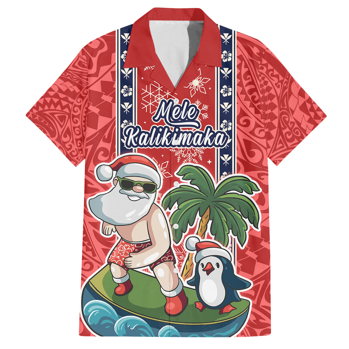 Hawaii Christmas Family Matching Tank Maxi Dress and Hawaiian Shirt The Santa Surfing Hawaii Xmas Style LT03 Dad's Shirt - Short Sleeve Red - Polynesian Pride