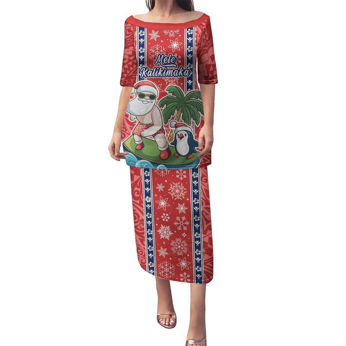 Hawaii Christmas Puletasi The Santa Surfing Hawaii Xmas Style LT03 Long Dress Red - Polynesian Pride