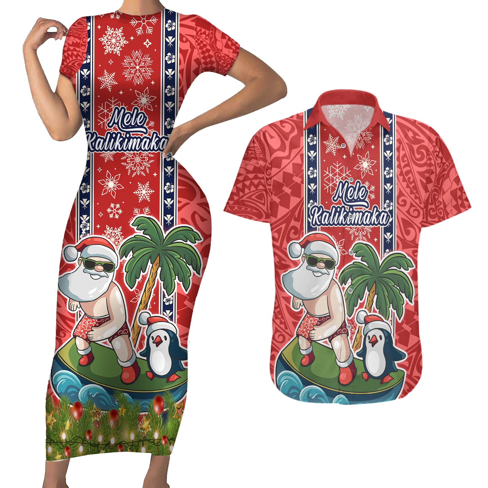 Custom Hawaii Christmas Couples Matching Short Sleeve Bodycon Dress and Hawaiian Shirt The Santa Surfing Hawaii Xmas Style LT03 Red - Polynesian Pride