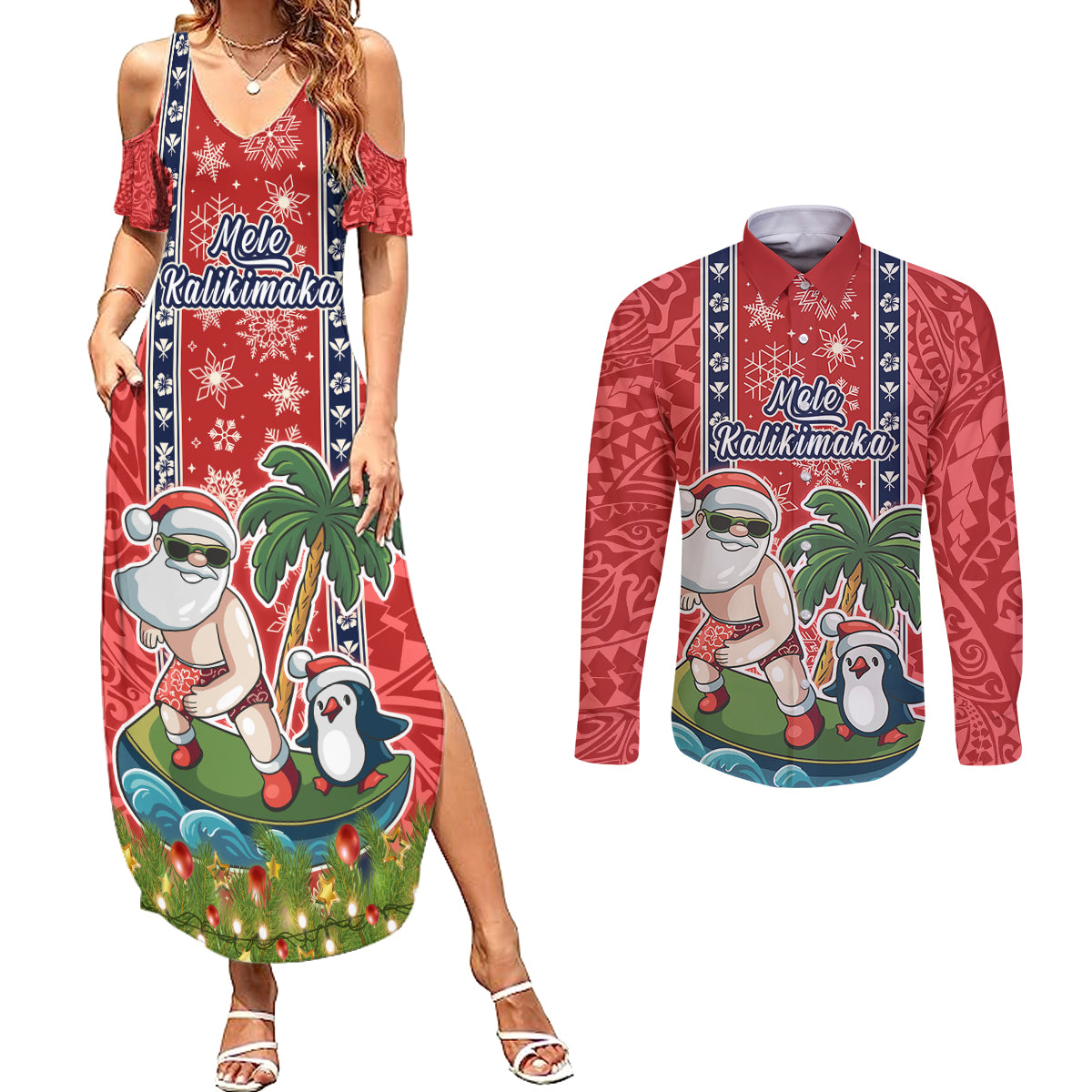 custom-hawaii-christmas-couples-matching-summer-maxi-dress-and-long-sleeve-button-shirts-the-santa-surfing-hawaii-xmas-style