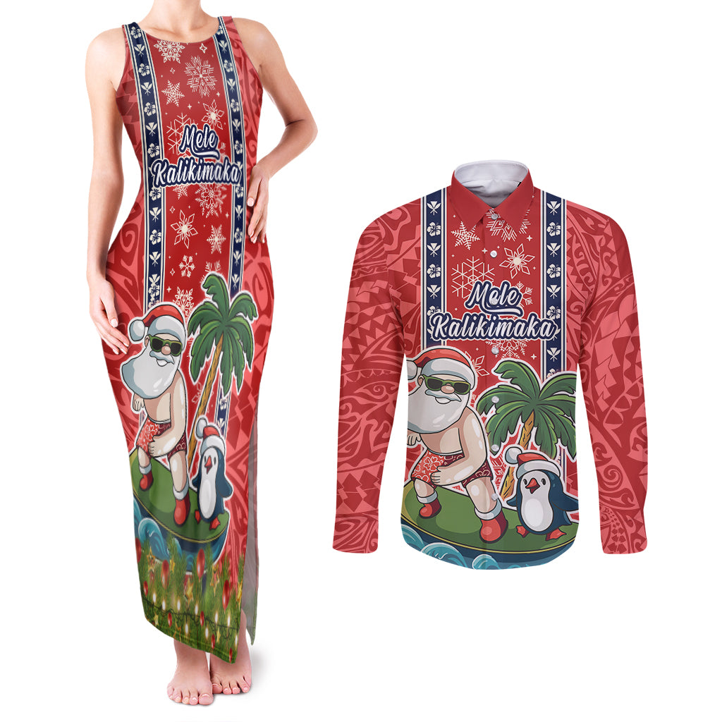 Custom Hawaii Christmas Couples Matching Tank Maxi Dress and Long Sleeve Button Shirts The Santa Surfing Hawaii Xmas Style LT03 Red - Polynesian Pride