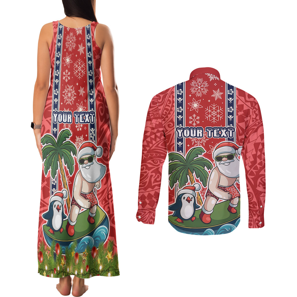 Custom Hawaii Christmas Couples Matching Tank Maxi Dress and Long Sleeve Button Shirts The Santa Surfing Hawaii Xmas Style LT03 - Polynesian Pride