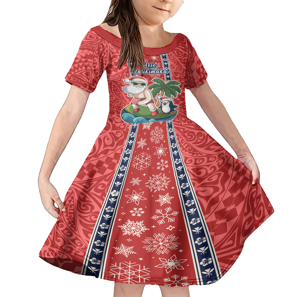 Custom Hawaii Christmas Family Matching Tank Maxi Dress and Hawaiian Shirt The Santa Surfing Hawaii Xmas Style LT03 Daughter's Dress Red - Polynesian Pride