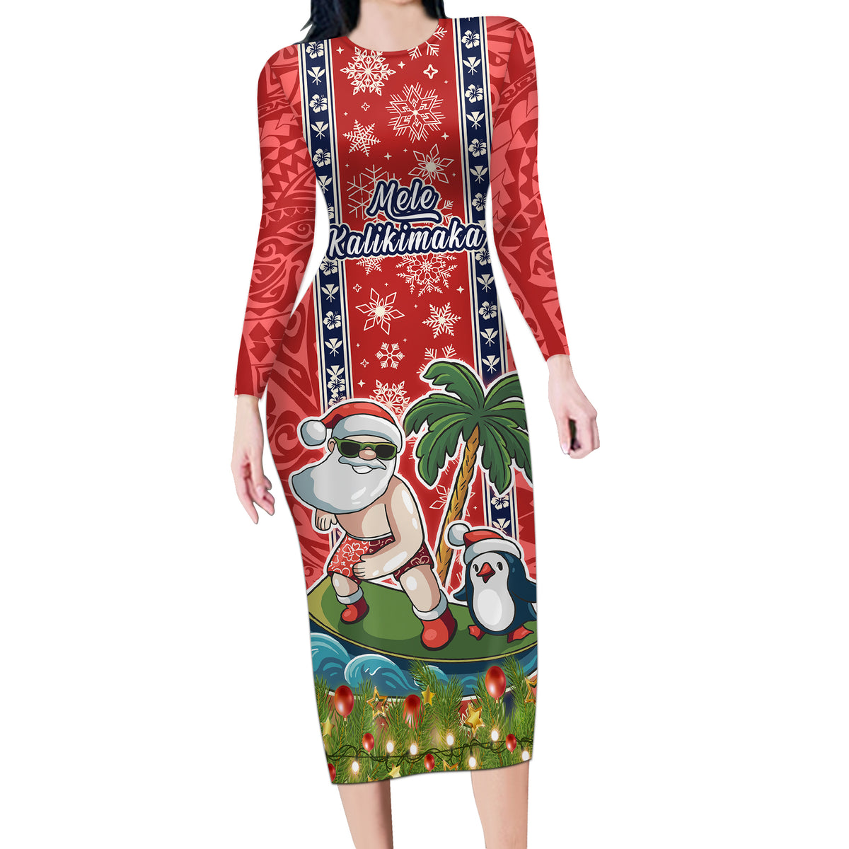 Custom Hawaii Christmas Long Sleeve Bodycon Dress The Santa Surfing Hawaii Xmas Style LT03 Long Dress Red - Polynesian Pride